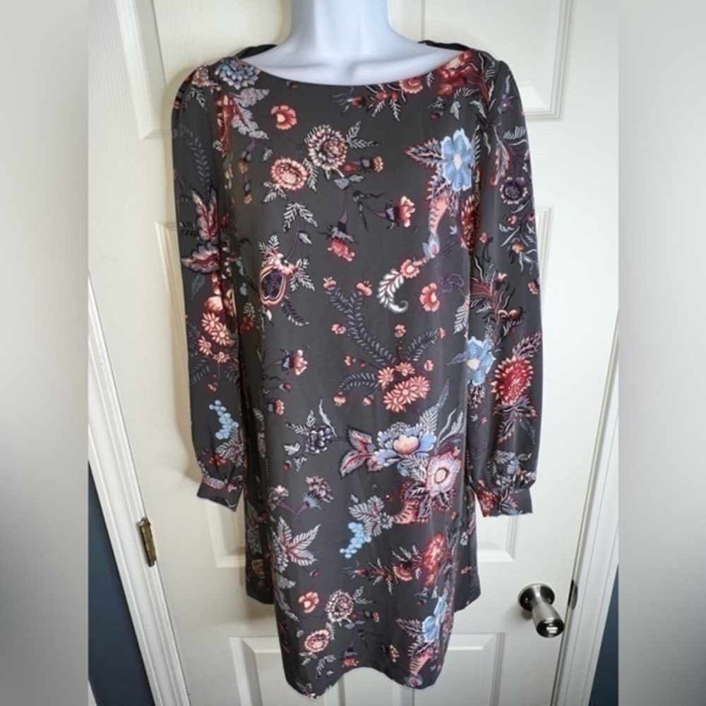 LOFT Sz 0 Grey Blue Floral Long Sleeve Tunic Dress XXS Career Polyester
